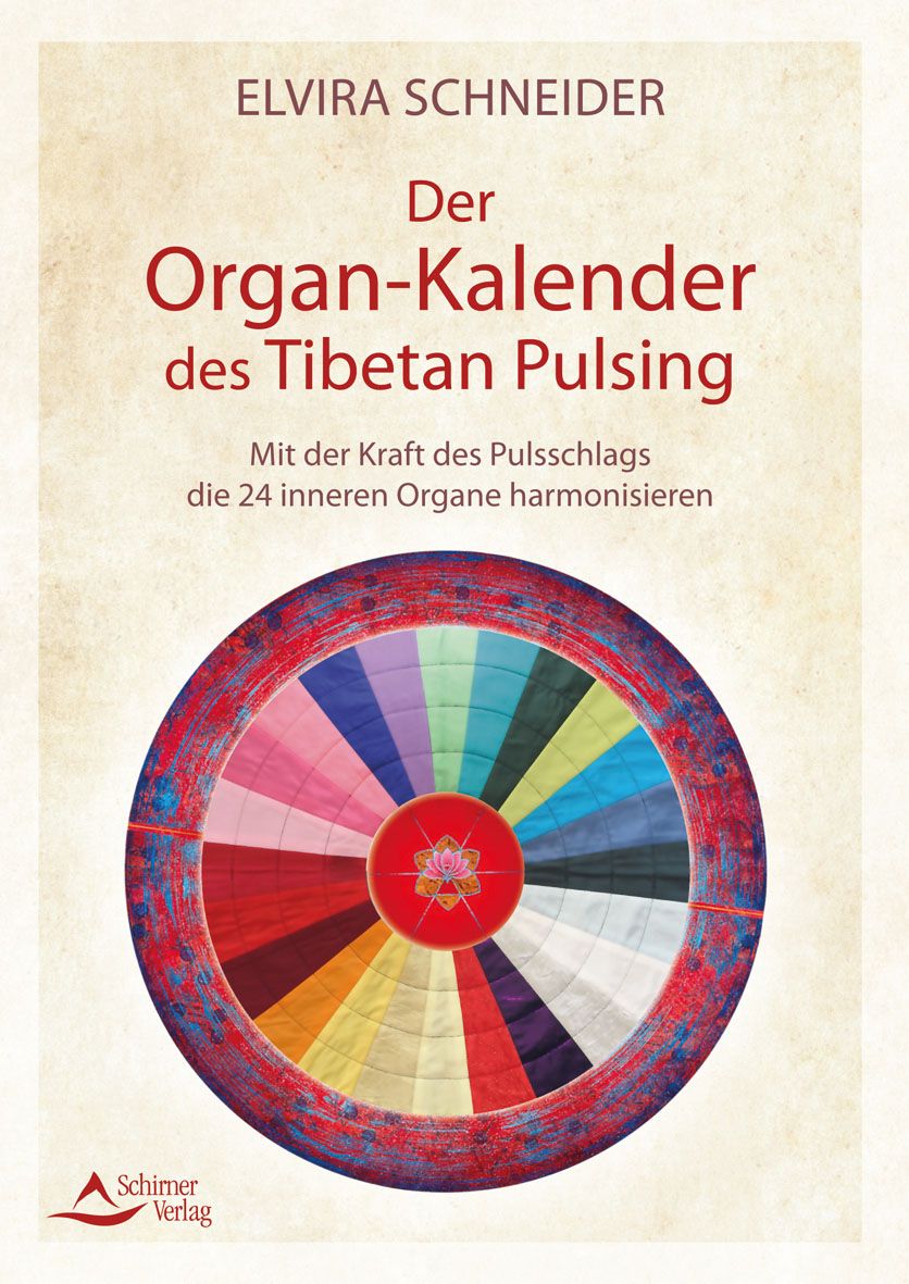 Buchcover mit Titel: Der Organ-Kalender des Tibetan Pulsing. Autor: Elvira Schneider. Farbiges Rad-Design mit Lotusblüte.