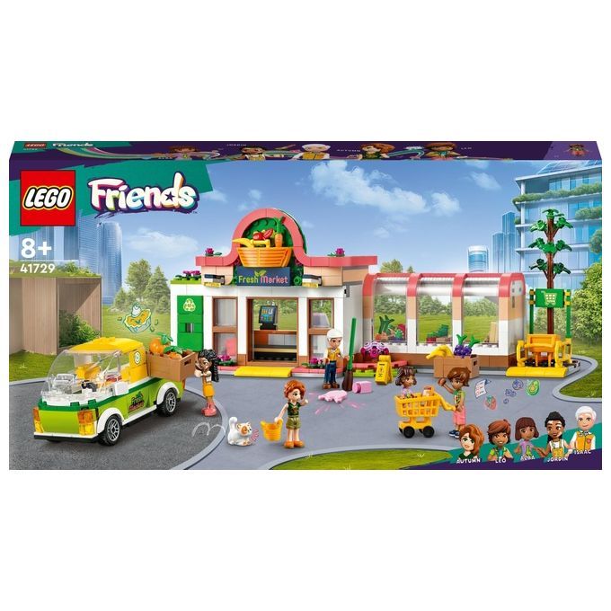 Set LEGO Friends "Negozio di alimentari biologici". La confezione mostra un set colorato con un edificio del mercato, un furgone e delle figure. Il set include un mercato con un tetto verde, un furgone e diverse figure. Il logo LEGO, il nome "Friends" e l'età "8+" sono visibili sulla confezione.