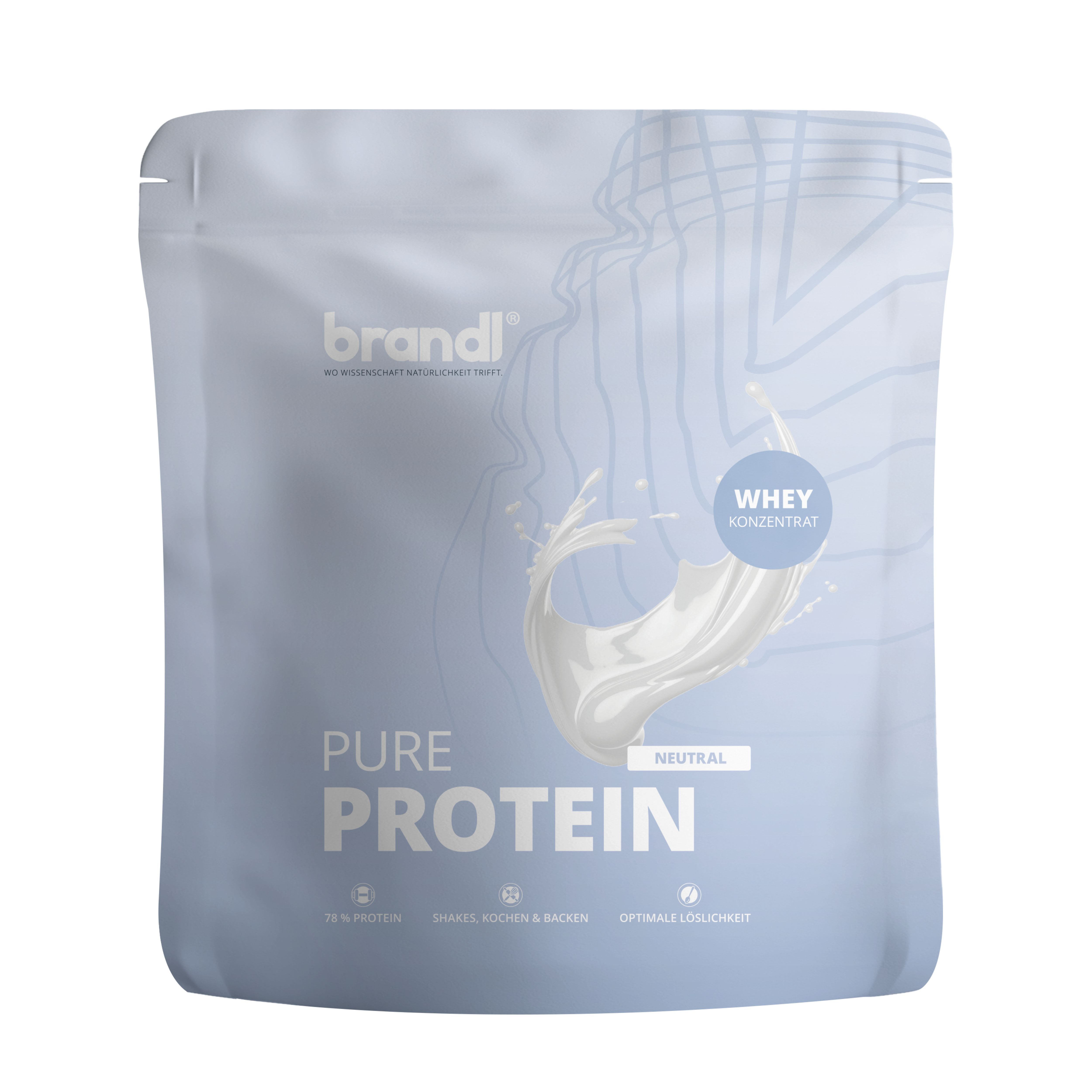 Hellblaue Verpackung mit "brandl"-Logo und "PURE PROTEIN"-Schriftzug. Enthält "WHEY KONZENTRATE".