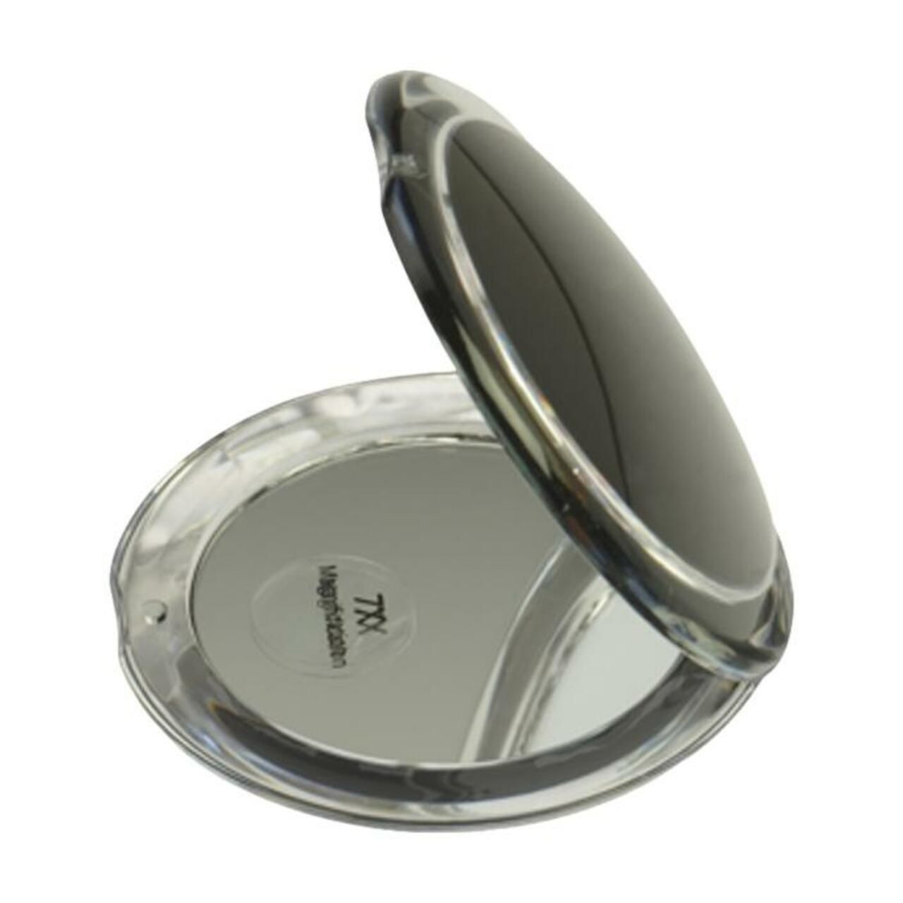 Runder Taschenspiegel, Acryl, 7-fach Vergrößerung. Geöffnet, Spiegel zeigt 7x Vergrößerung. Schwarze Rückseite.