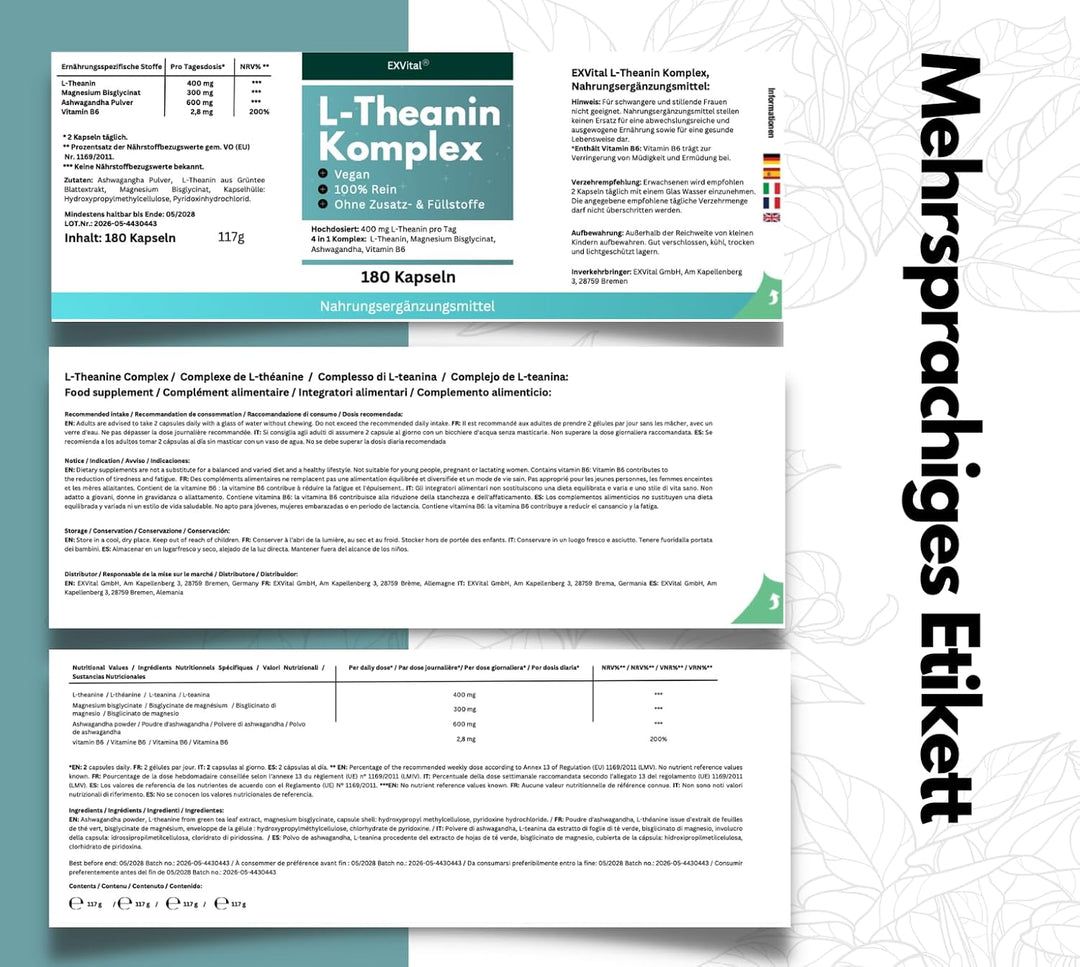 EXVital® L-Theanin Komplex Kapseln mit Magnesium, Ashwagandha & Vitamin B6