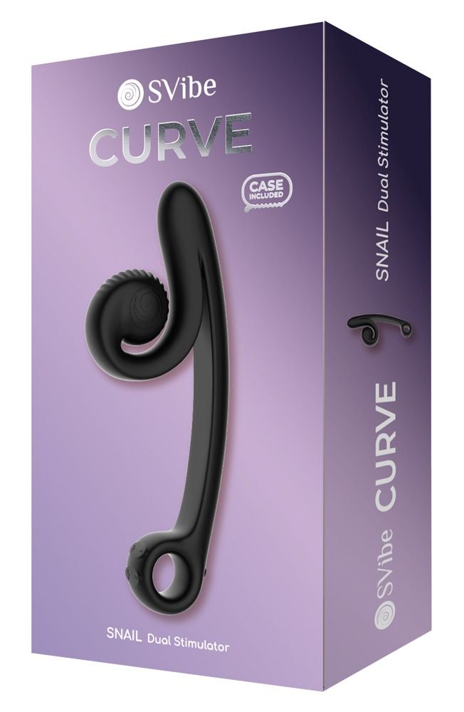 Verpackung mit Wellness-Produkt. Schwarzes, geschwungenes Produkt mit Ring und Spirale. Text: SVibe, CURVE, SNAIL Dual Stimulator.