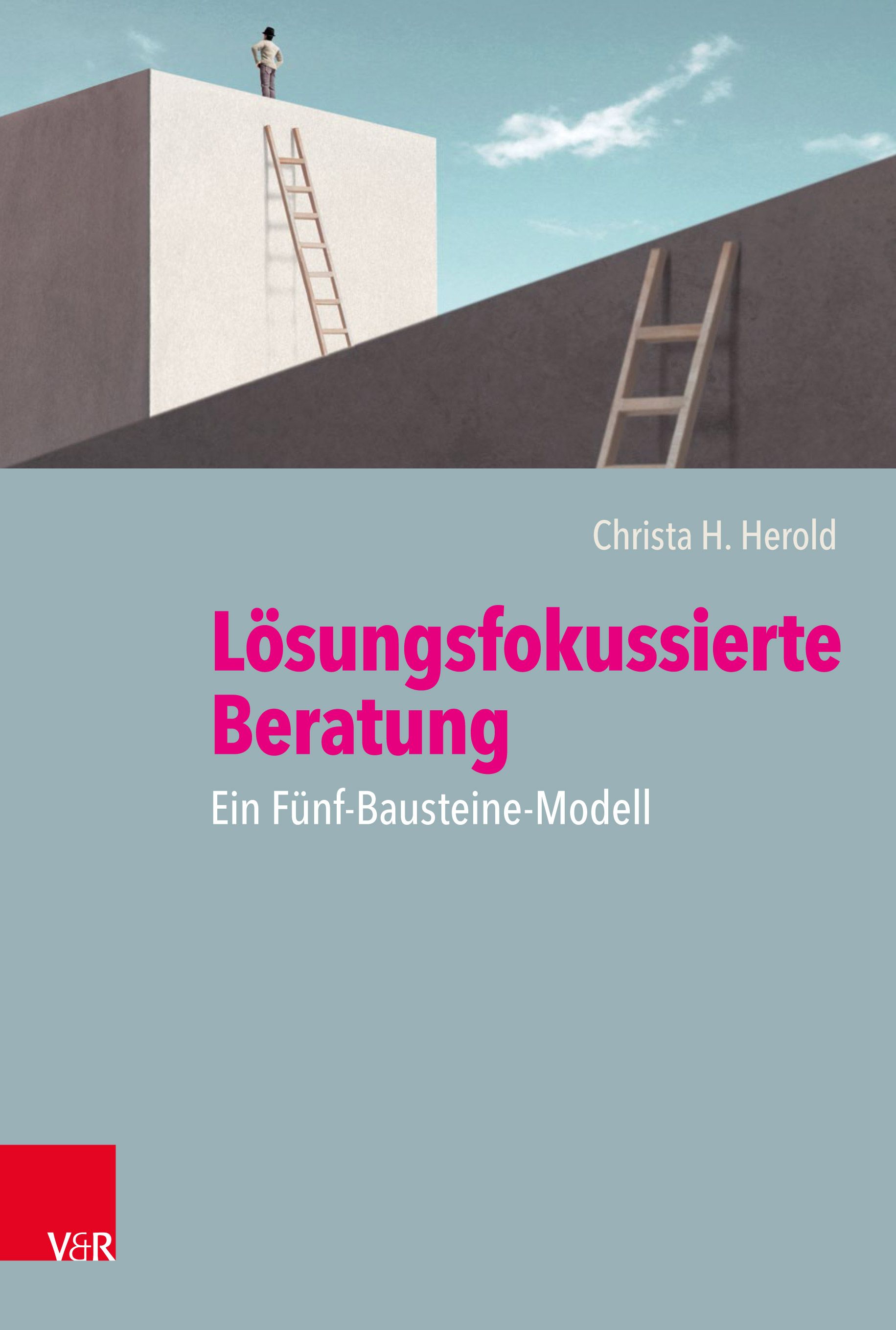Buchcover: Lösungsfokussierte Beratung. Titel in Pink, Autorin Christa H. Herold. Abbildung: Person auf Mauer, Leitern.