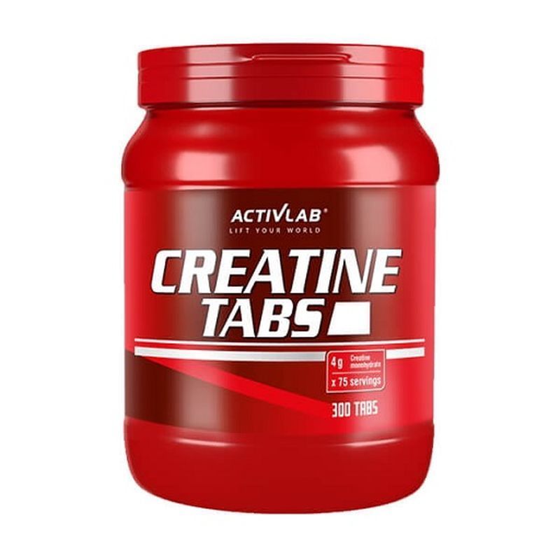 Rote Dose mit "Creatine Tabs" von Activlab. Enthält 300 Tabletten. Aufschrift: 4g, 75 Portionen.