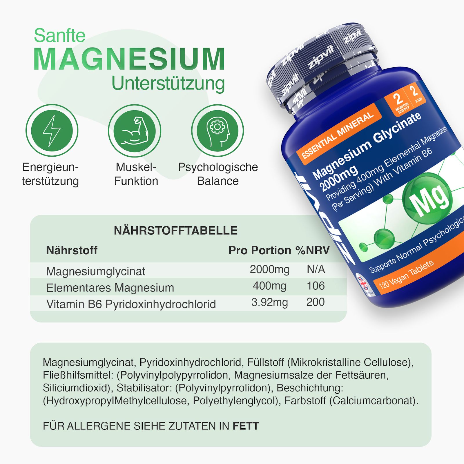 Blaue Flasche mit Magnesium Glycinat 2000mg. Nährwerttabelle mit Magnesium und Vitamin B6.