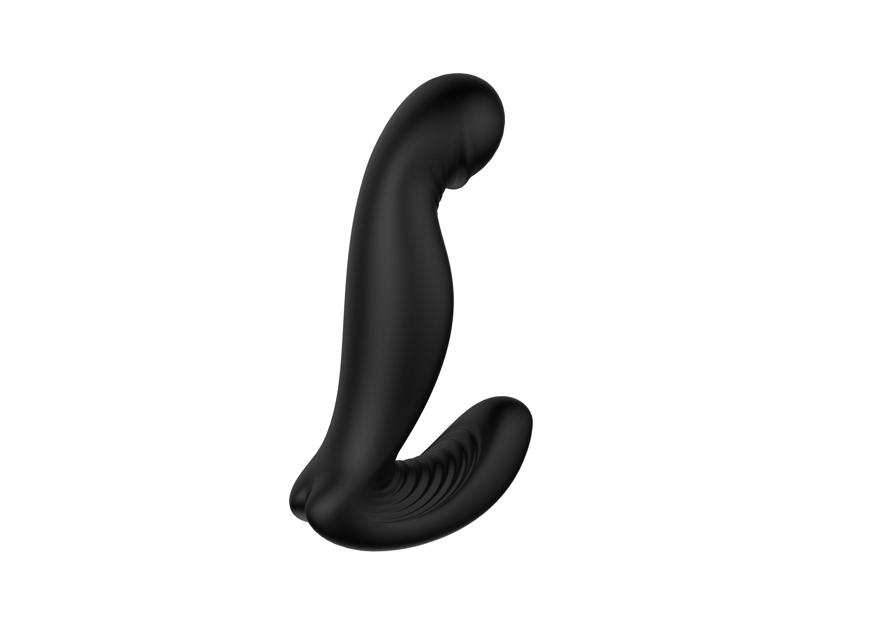 Schwarzer, gebogener Vibrator mit geriffelter Basis und abgerundeter Spitze. Auf weißem Hintergrund.
