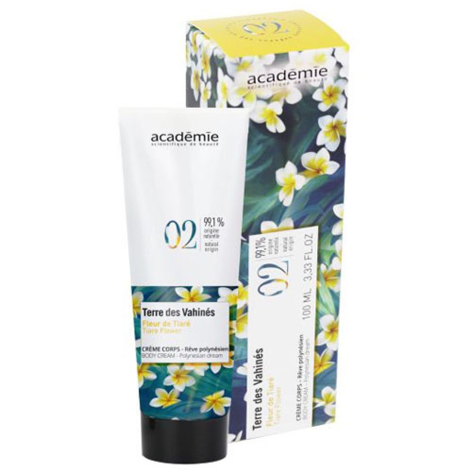 Creme-Tube und Verpackung. Weiß, mit floralem Muster und Produktbezeichnungen. Marke: Académie. Text: Terre des Vahinés, 02, 99,1% natürlichen Ursprungs.