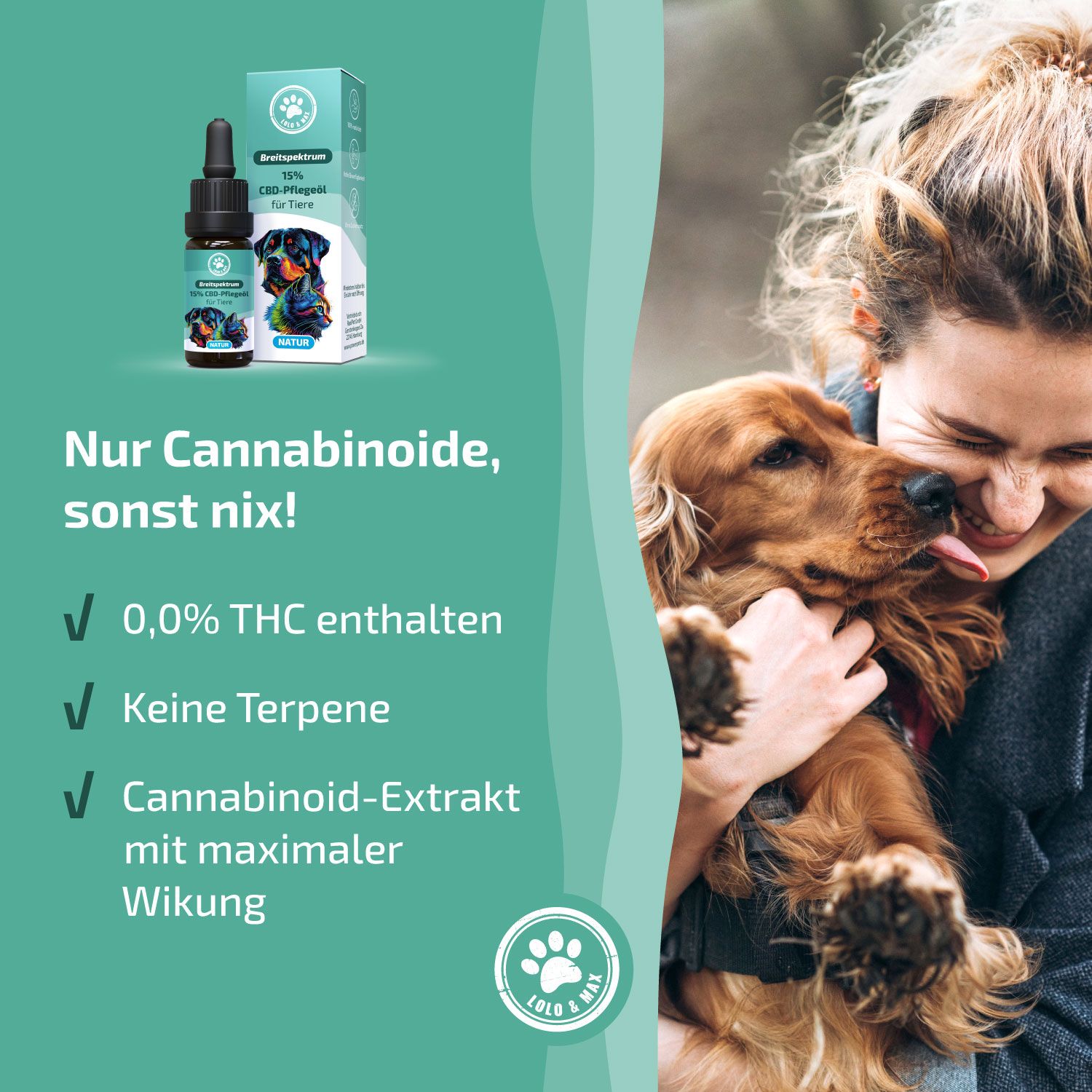Braune Flasche und Verpackung mit Produktabbildung. Text: Nur Cannabinoide, sonst nix! 0,0% THC, keine Terpene, Cannabinoid-Extrakt.