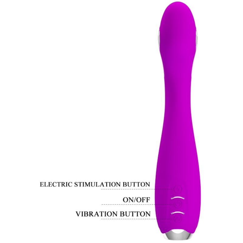 Lila Vibrator mit geschwungener Form. Silberfarbene Akzente. Beschriftung: Electric Stimulation Button, On/Off, Vibration Button.