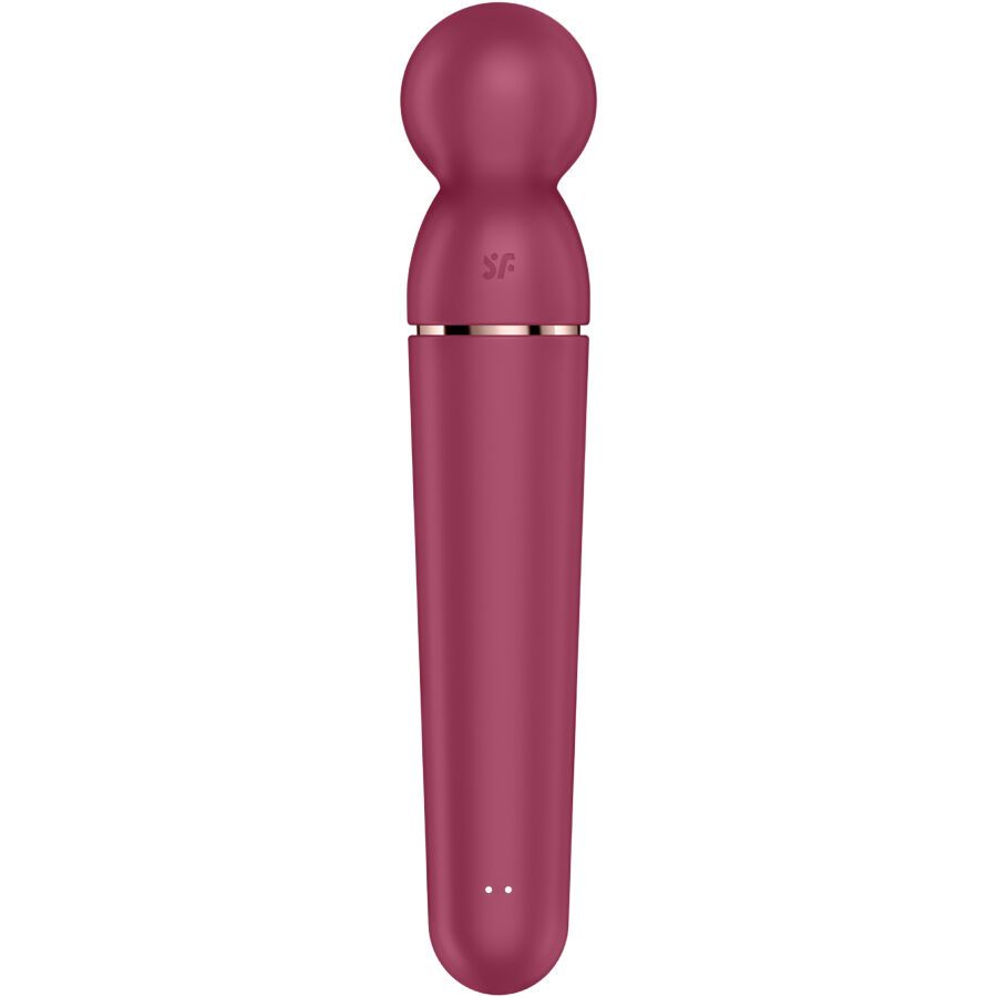 Bordeauxfarbener Vibrator mit rundem Kopf und zylindrischem Schaft. Silberfarbener Ring am Übergang. Zwei Knöpfe.