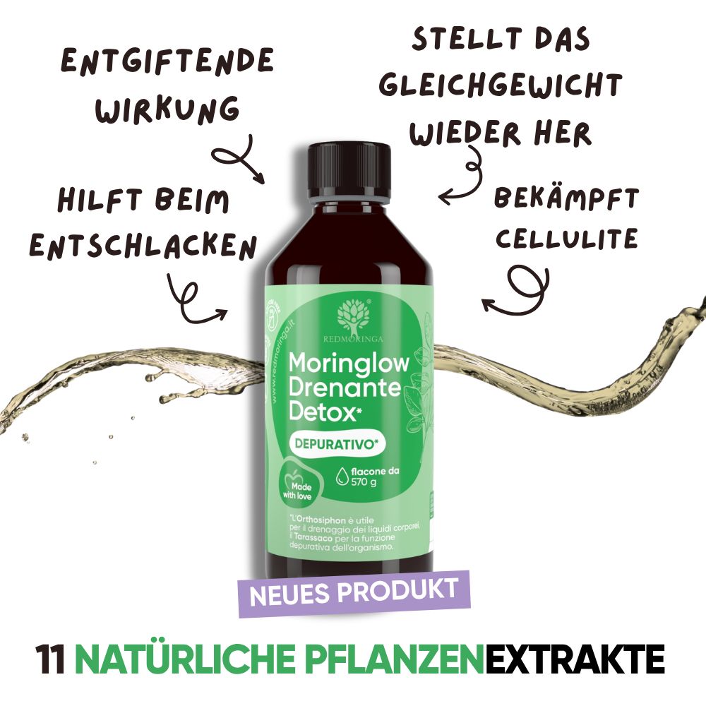 Flasche des Nahrungsergänzungsmittels mit Text über entgiftende Wirkung und Cellulite.