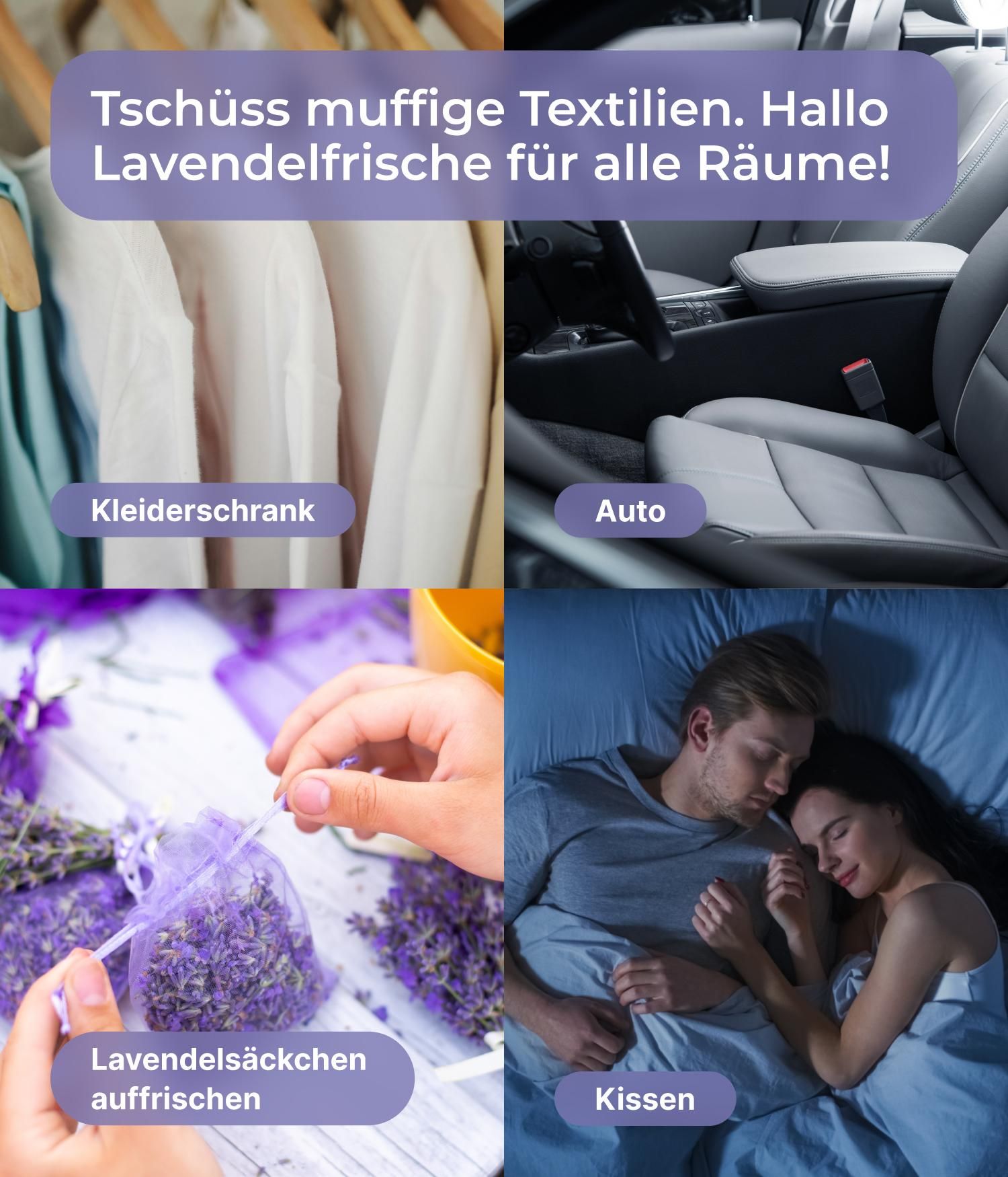 Vier Bilder: Kleiderschrank, Auto, Lavendelsäckchen, Kissen. Text: Lavendelfrische für alle Räume.