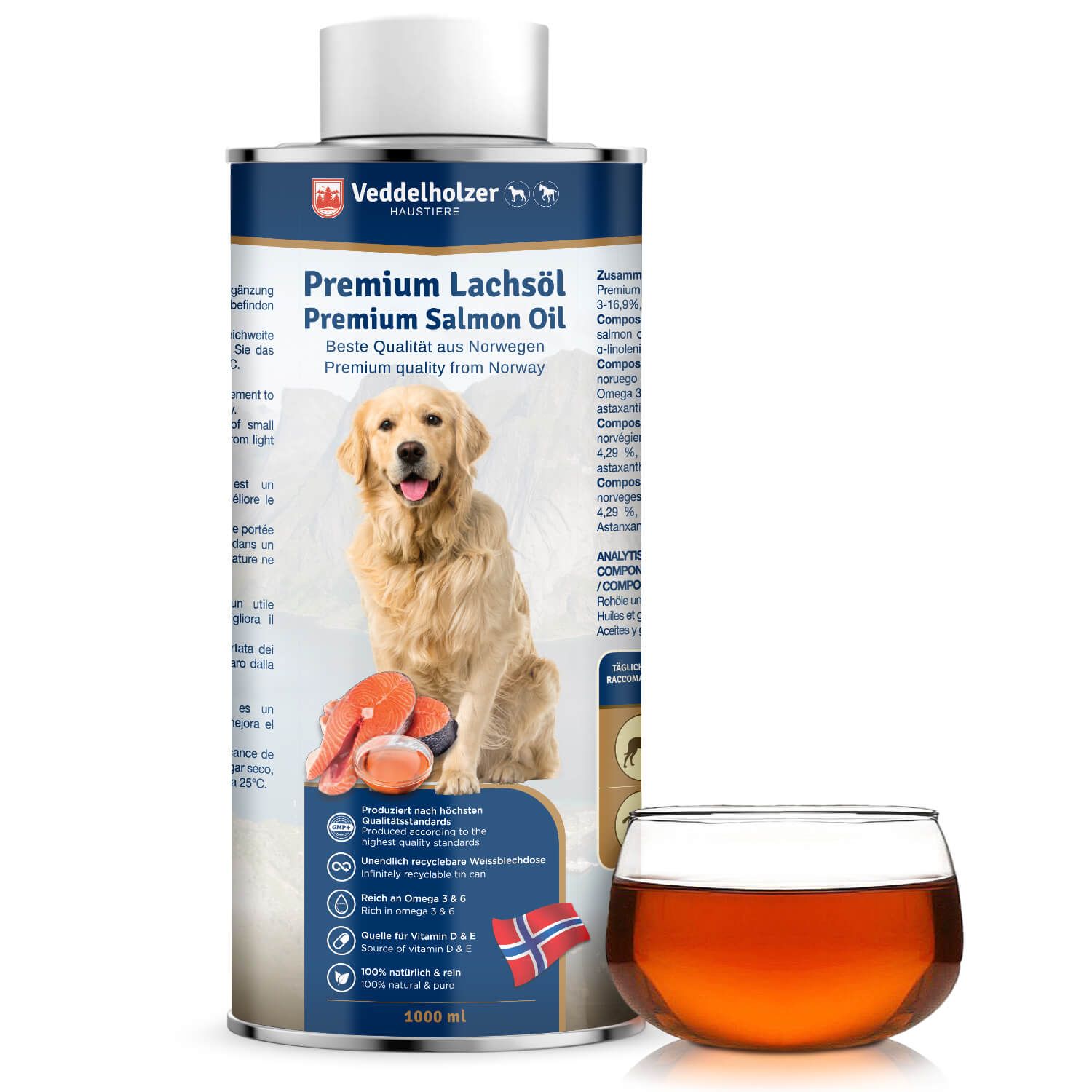 Zylindrische Dose mit weißem Deckel. Aufschrift: Premium Lachsöl. Ein Hund und Lachsfilet abgebildet. Glas mit Öl daneben.