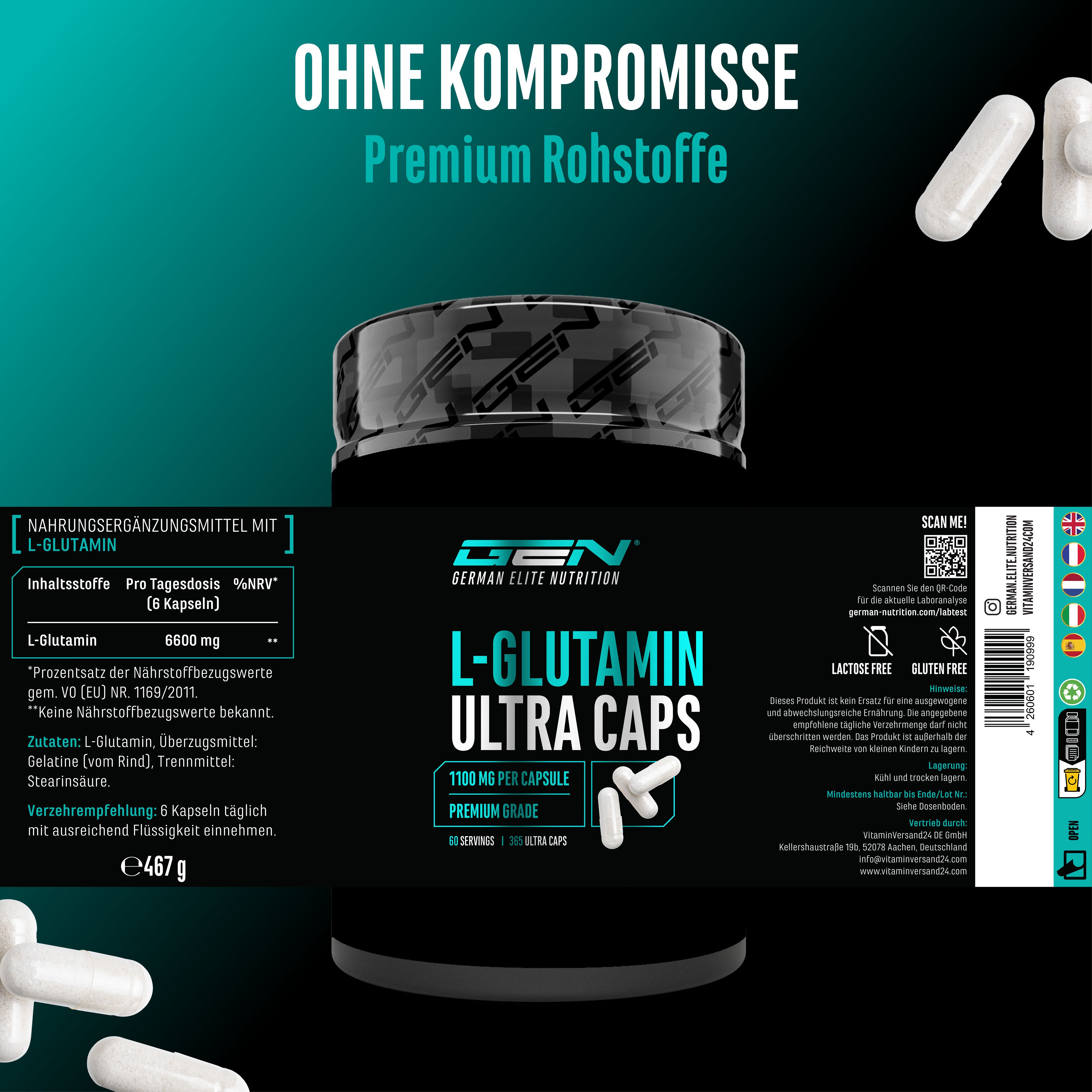 Schwarze Dose mit weißen Kapseln. Aufschrift: GEN, L-Glutamin Ultra Caps, 1100 mg pro Kapsel. Nährwertangaben. 60 Portionen. Premium Grade. 467g.