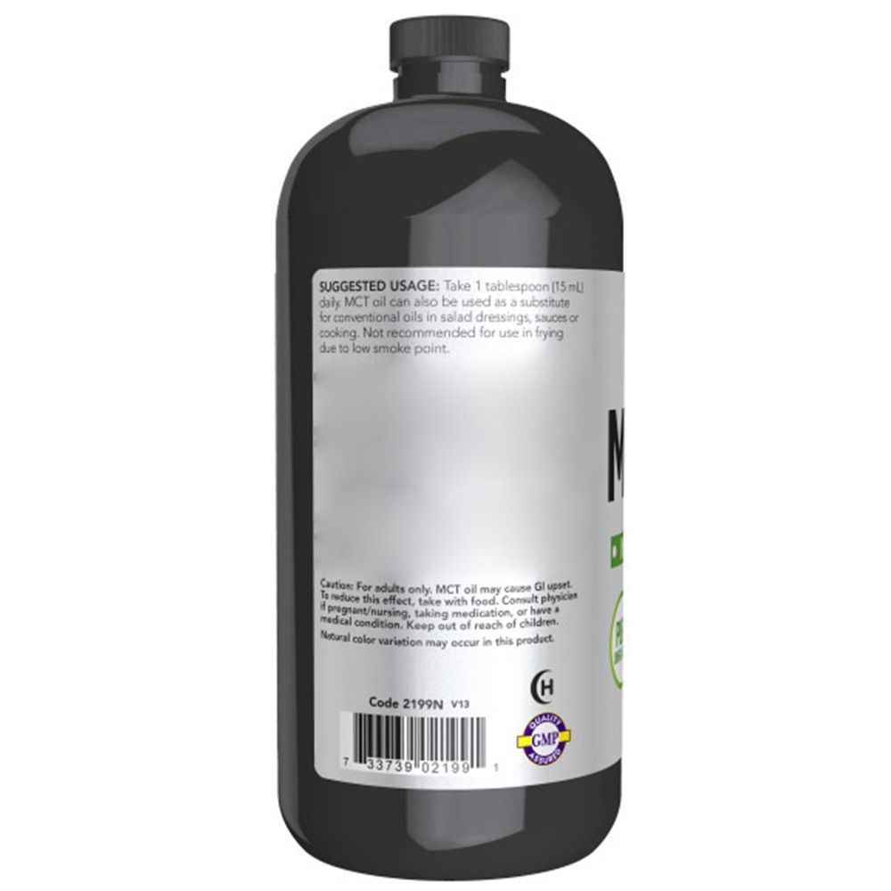 Schwarze Flasche mit weißem Etikett. Aufschrift: MCT Oil. Enthält Informationen zur Anwendung und Warnhinweise.