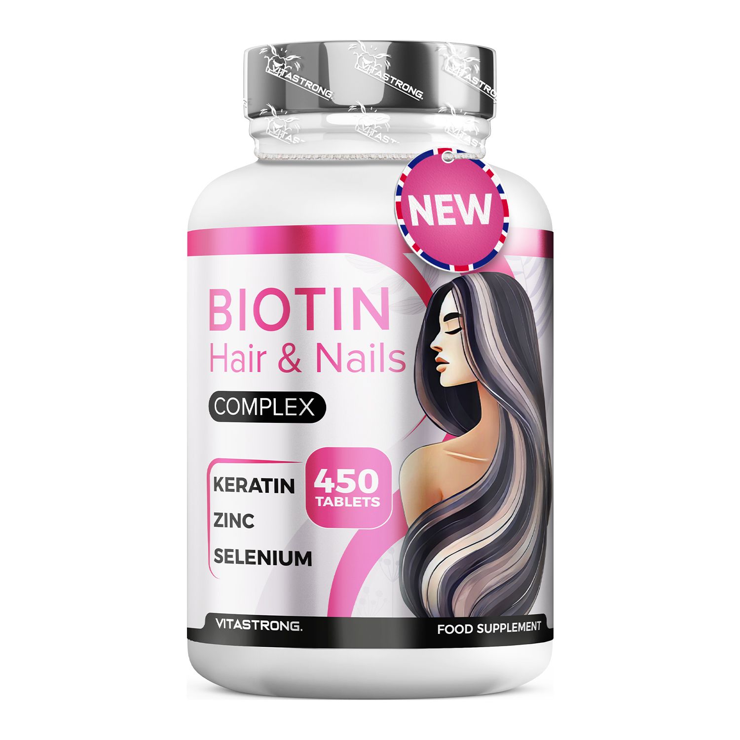 Weiße Flasche mit "BIOTIN Hair & Nails COMPLEX"-Etikett. Enthält 450 Tabletten. Mit Abbildung einer Frau mit langen Haaren.
