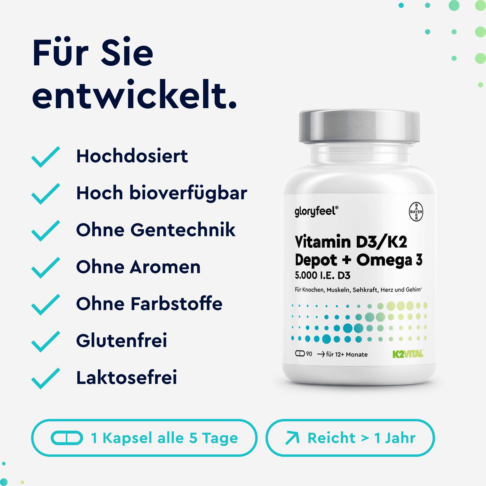 Gloryfeel Vitamin D3/K2 Depot + Omega 3: Hochdosiert, bioverfügbar, ohne Gentechnik, Aromen, Farbstoffe. Gluten- & laktosefrei.