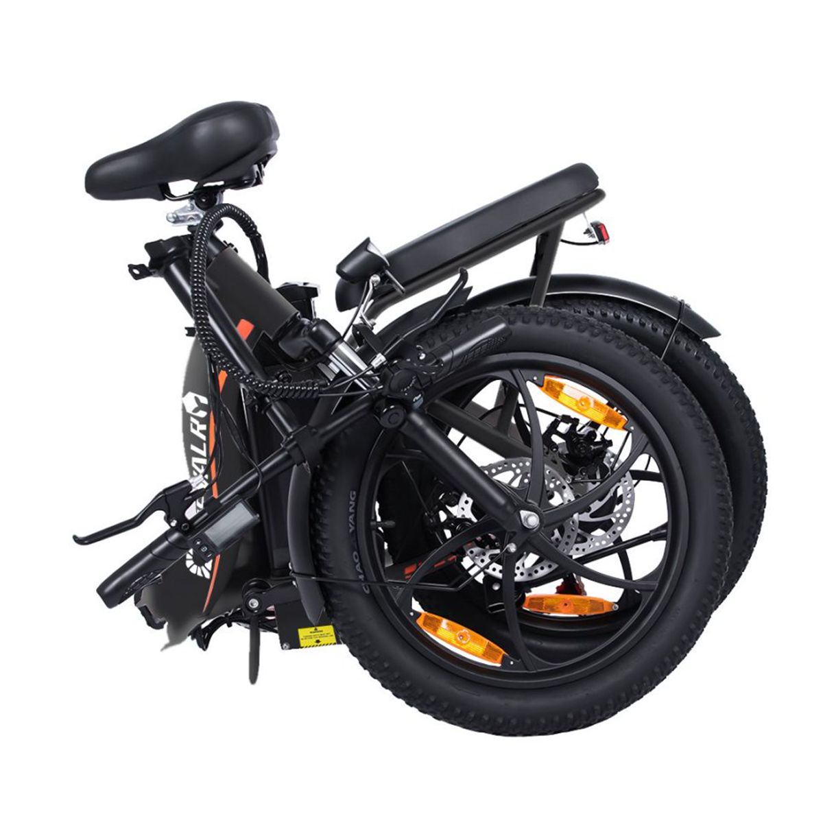 Gefaltetes schwarzes Elektrofahrrad. Reifen, Sattel, Lenker und Rahmen sind sichtbar.