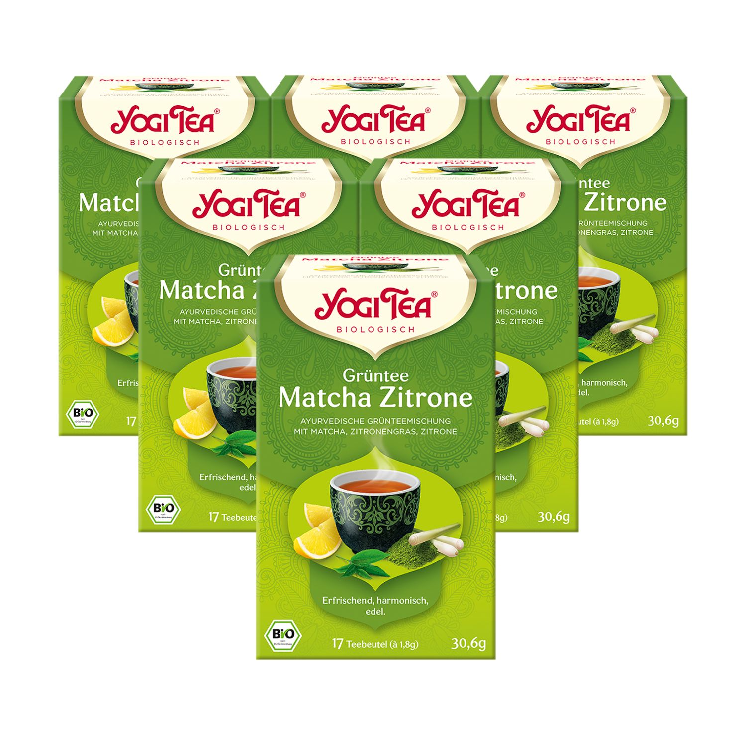 Mehrere grüne Teepackungen mit dem Logo von Yogi Tea. Aufschrift: Grüntee Matcha Zitrone. Bio-Siegel.