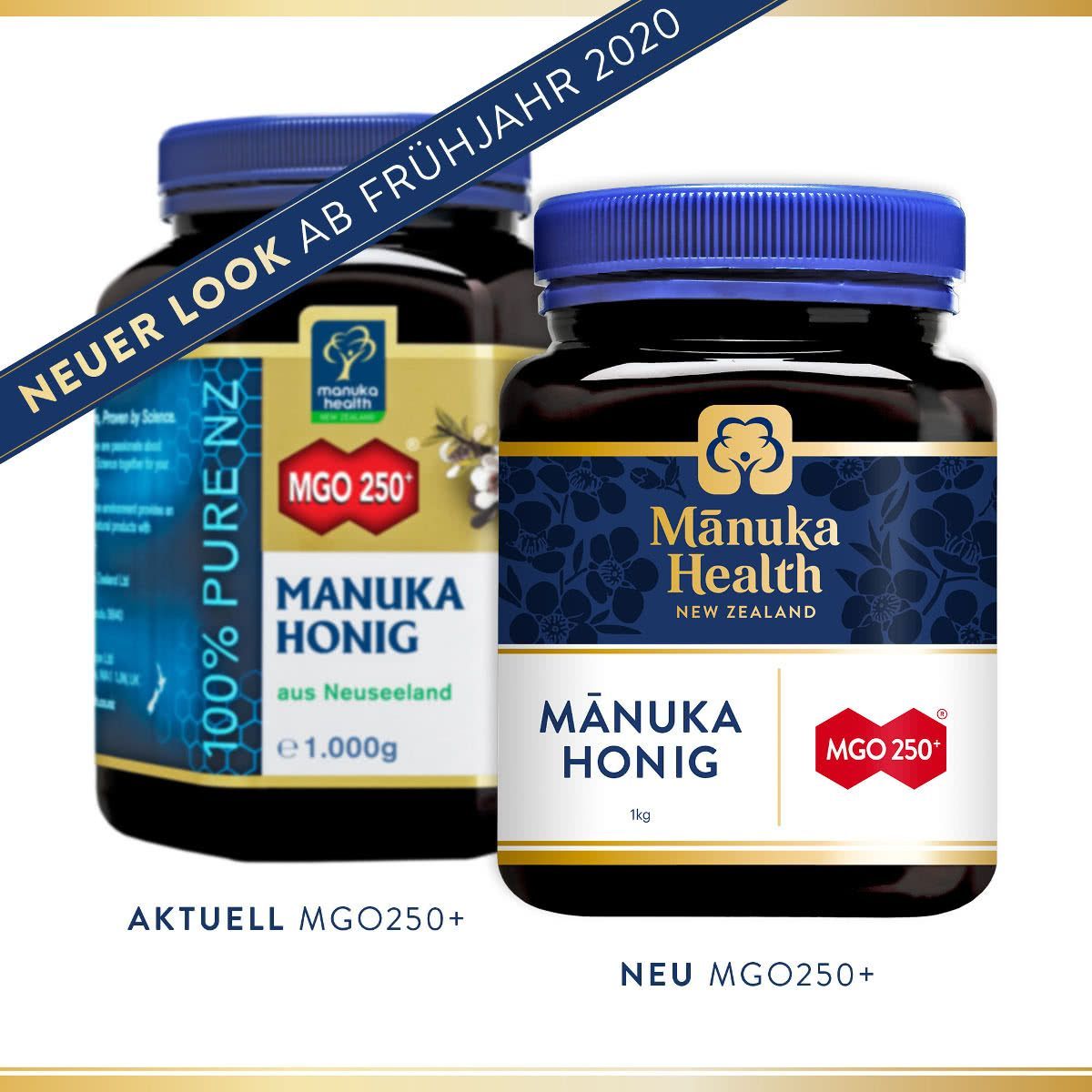 Zwei Gläser Manuka Honig. Beide haben blaue Deckel und Etiketten mit Text. Auf einem steht 'MGO 250'.