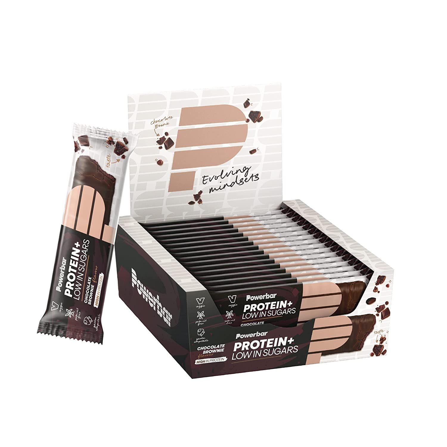 Eine Packung Powerbar Protein+ Riegel Schokoladengeschmack mit einem einzelnen Riegel.