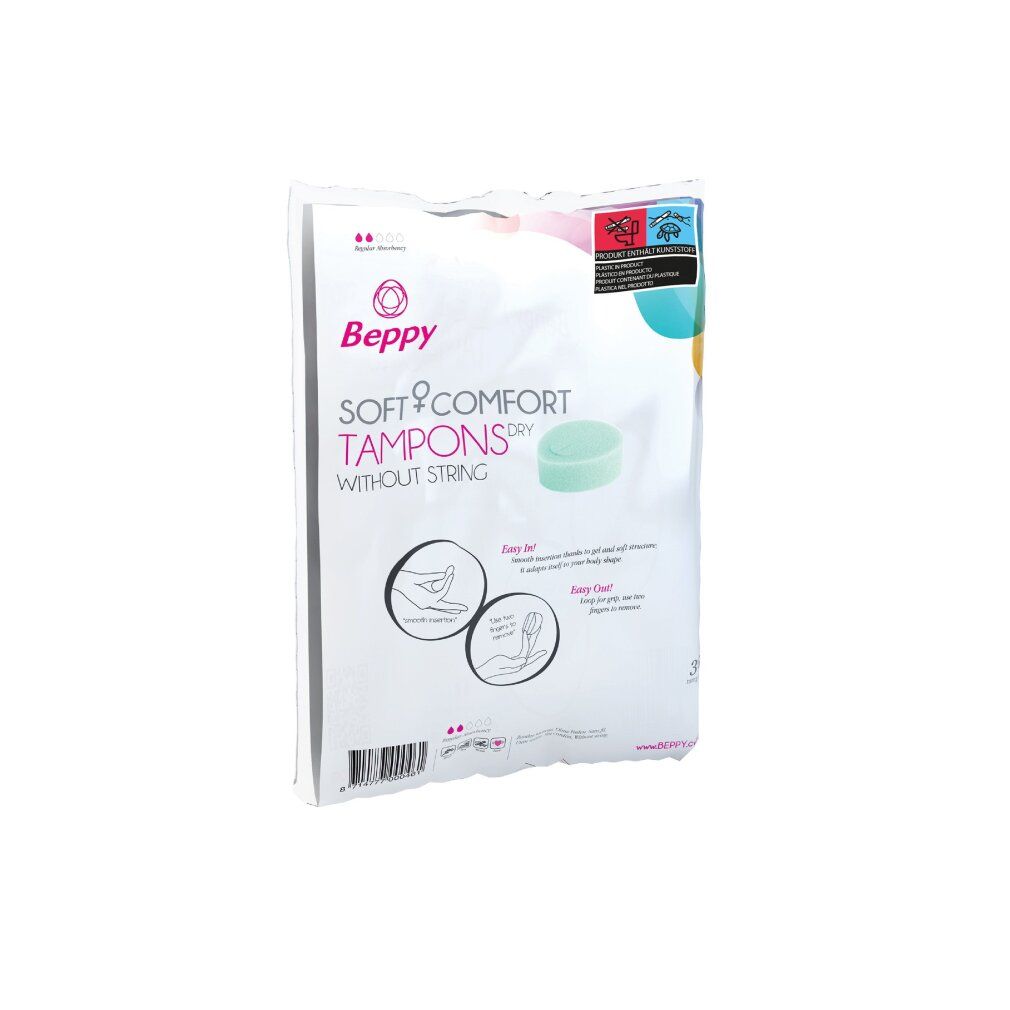 Verpackung von Beppy DRY Soft + Comfort Tampons ohne Faden. Zeigt ein grünes Tamponmodell. Enthält 3 Stück. Illustrationen zur Anwendung. Marke und Produktbezeichnung sichtbar.