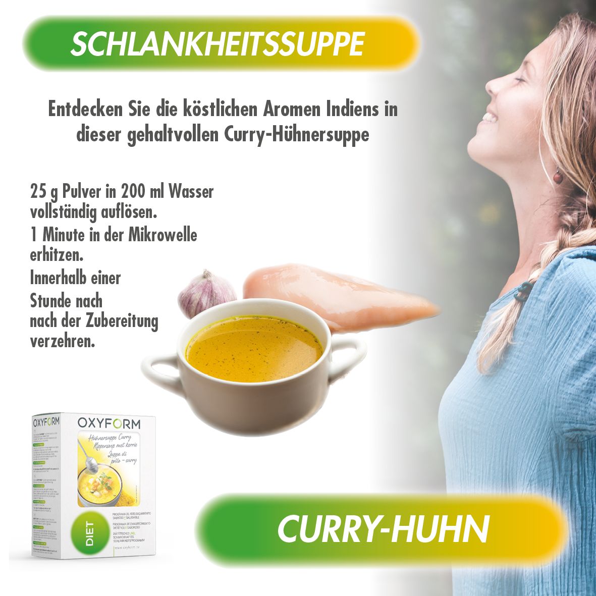 Curry-Huhn-Suppe in Schale. Zutaten: Knoblauch, Hähnchenbrust. Oxyform-Verpackung im Hintergrund.