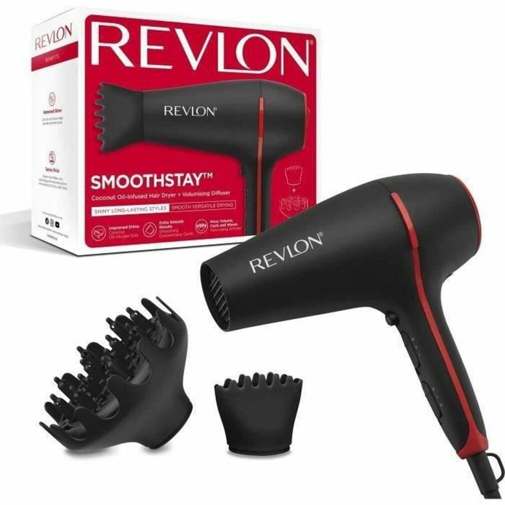 Schwarzer Haartrockner mit roter Akzentlinie, Zubehör: Diffusor und Stylingdüse. Verpackung mit Revlon-Logo.