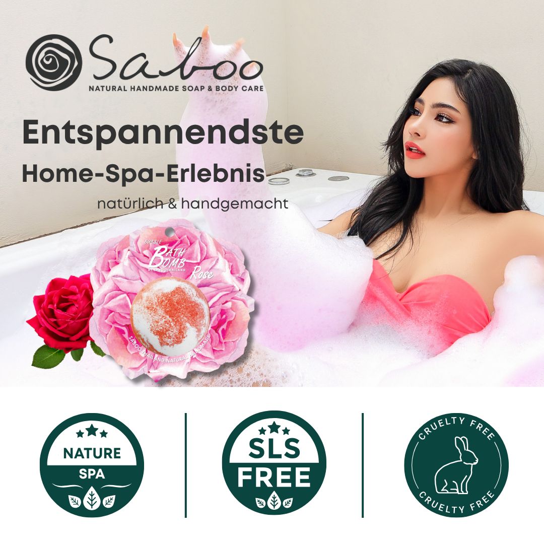 Frau in Badewanne mit Schaum. Bad Bombe Rose, Blüten-Dekoration. Logos: Nature Spa, SLS Free, Cruelty Free.