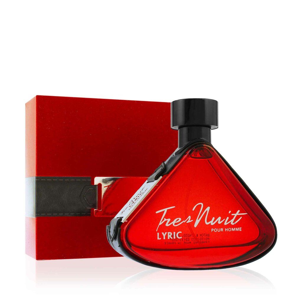 Roter Flakon neben roter Schachtel mit schwarzem Band. Aufschrift: Tres Nuit Lyric Pour Homme.