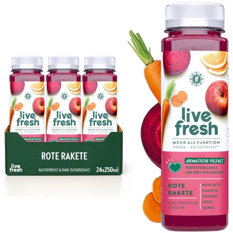LiveFresh Rote Rakete. 3 Flaschen in Packung, 24x250ml. Einzelne Flasche mit Zutaten-Illustrationen. Vegan, kaltgepresst.