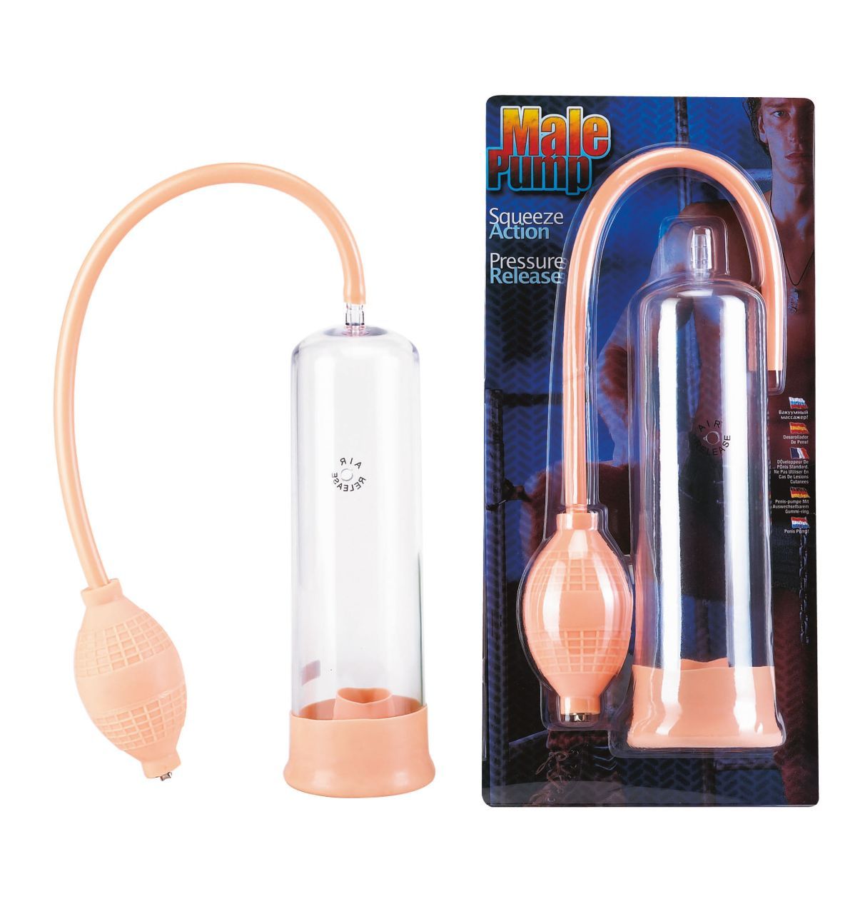 Ein Penisring-Pumpe-Set in Blisterverpackung. Enthält transparente Zylinder, rosa Handpumpe und Schlauch.