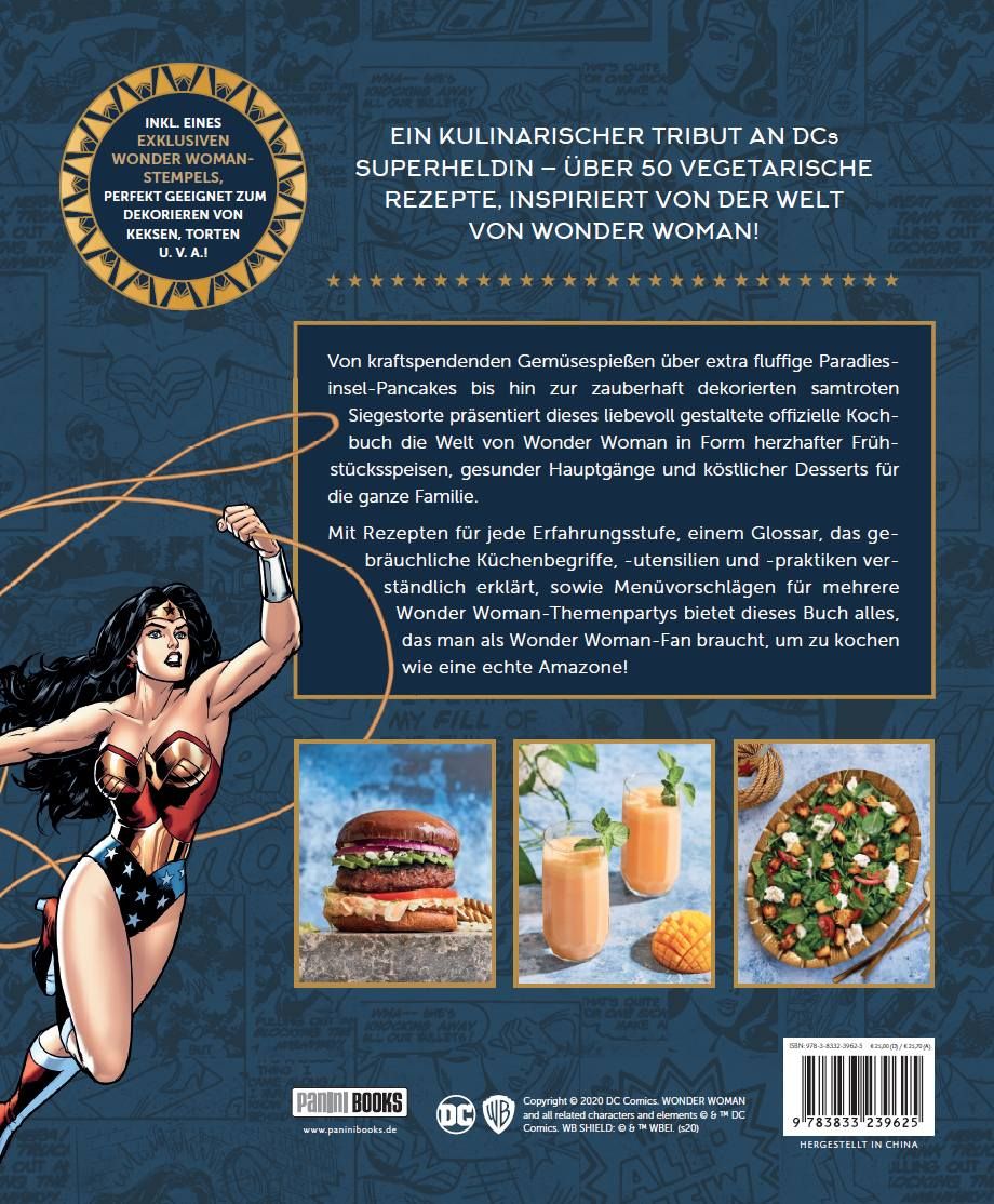 Rückseite des Kochbuchs "Wonder Woman: Das offizielle Kochbuch". Text und Bilder von Gerichten.