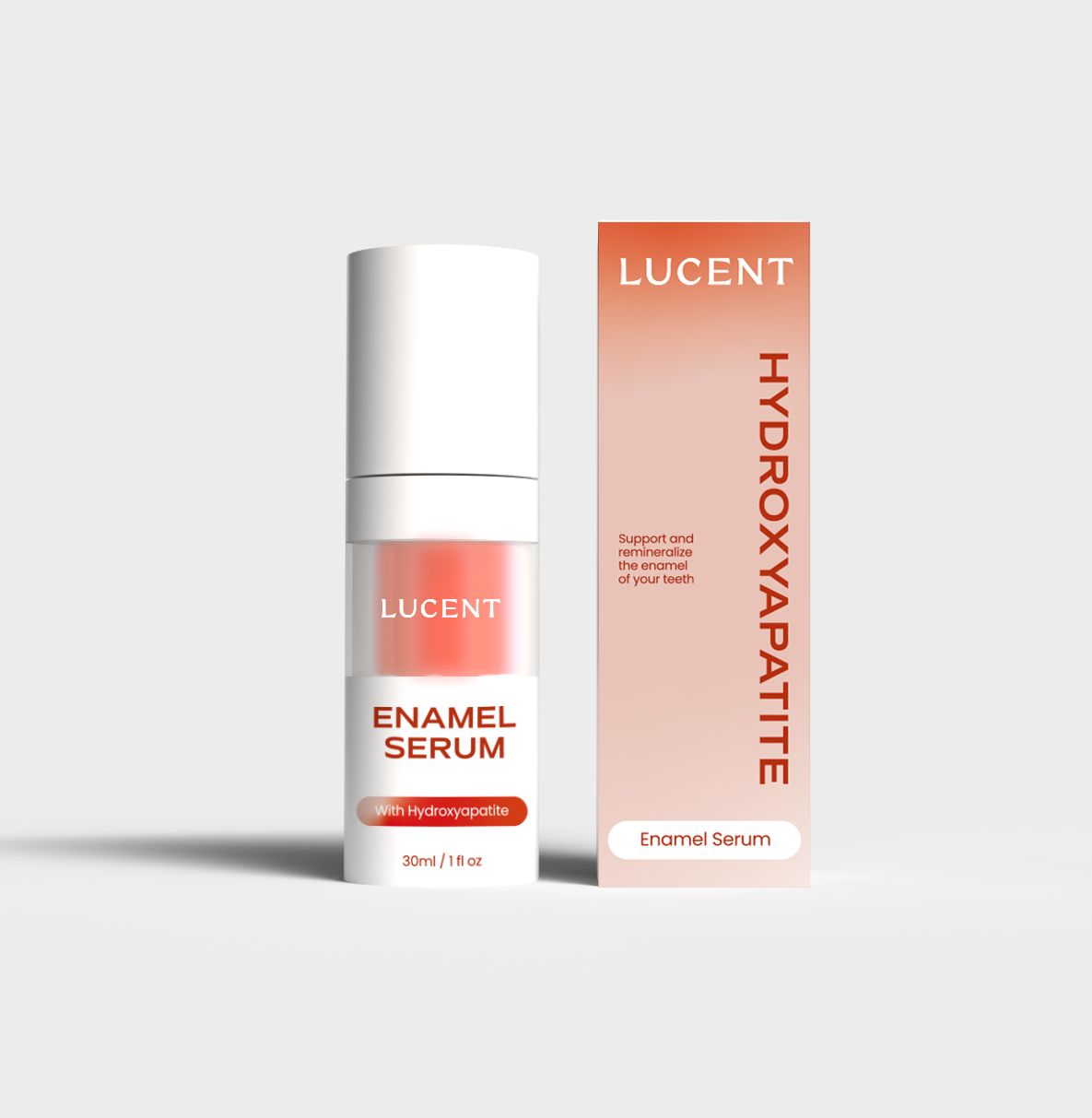 Eine Flasche und eine Schachtel stehen nebeneinander. Auf der Flasche steht "LUCENT ENAMEL SERUM". Auf der Schachtel steht "HYDROXYAPATITE".