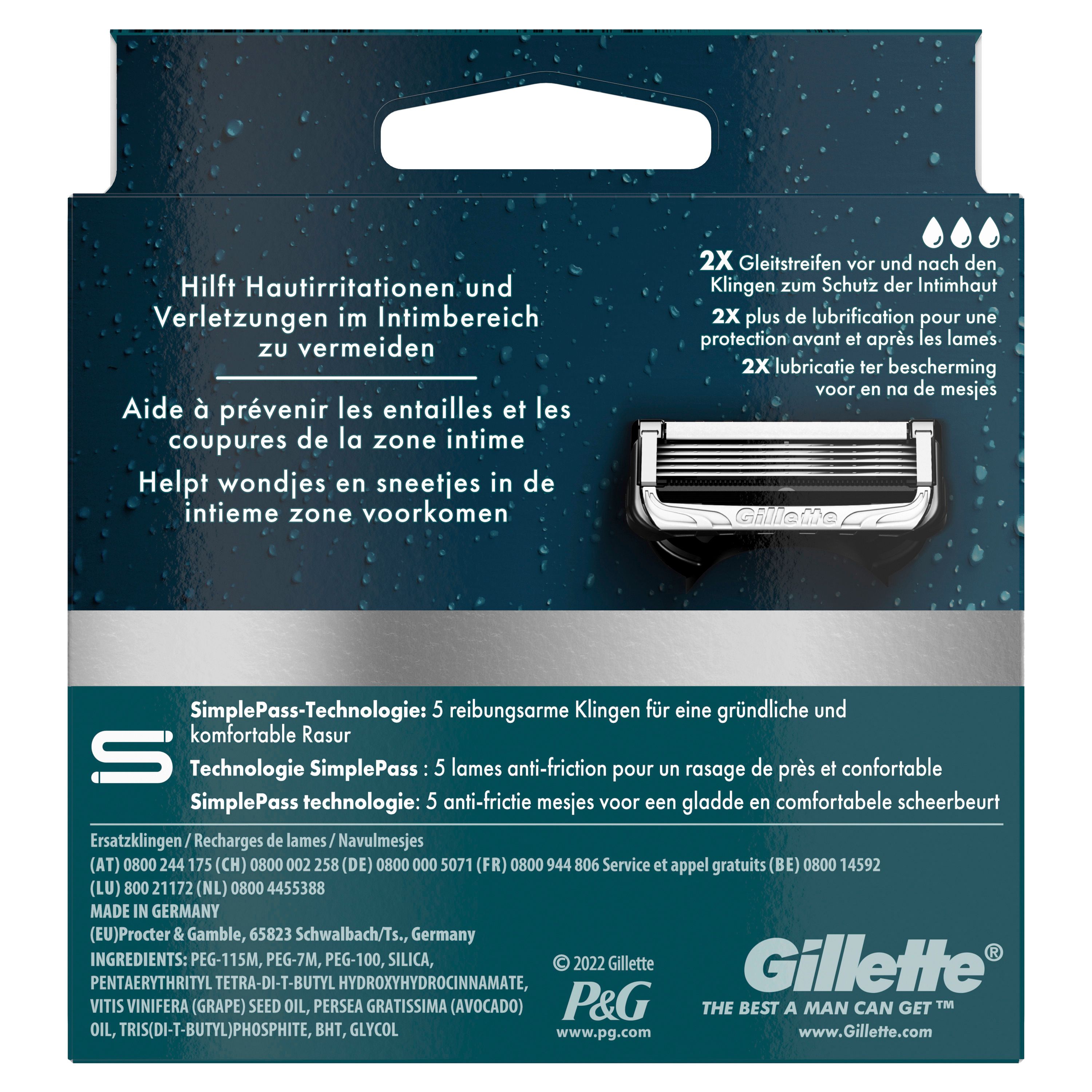 Gillette Intimate Rasierklingen-Verpackung, Rückseite mit Details zu Technologie und Inhaltsstoffen.