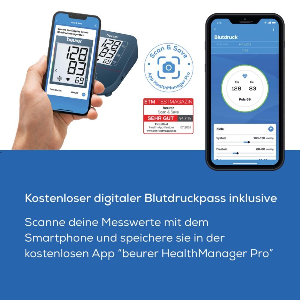 Smartphone zeigt App zur Speicherung von Blutdruckwerten. Beurer HealthManager Pro.