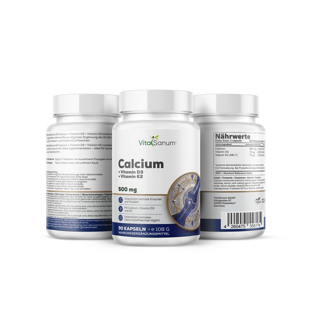 Drei Flaschen VitaSanum Calcium + Vitamin D3 + Vitamin K2, 90 Kapseln.