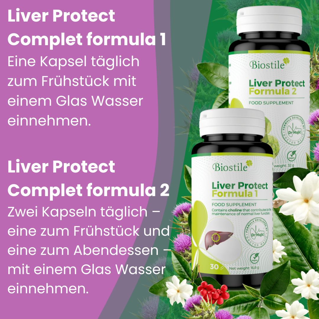 Zwei Flaschen mit der Aufschrift Liver Protect Formula 1 und 2. Text: Einnahmeempfehlung. Eine Kapsel zum Frühstück. Zwei Kapseln täglich.