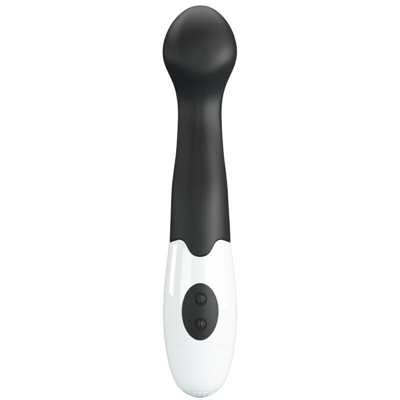 Schwarz-weißer Vibrator mit abgerundeter Spitze und zwei Knöpfen. Der Griff ist schwarz, das Ende weiß.