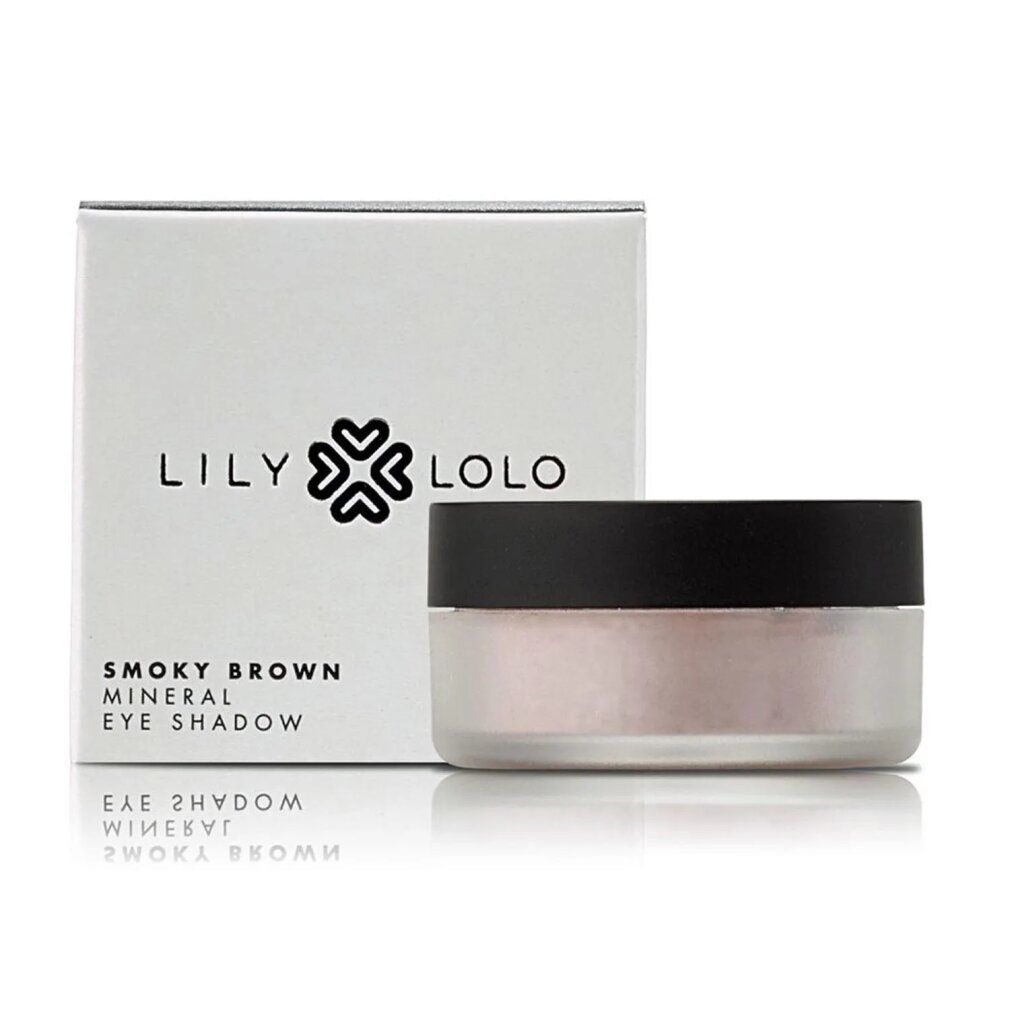 Lidschatten-Tiegel und Verpackung. Aufschrift: Lily Lolo, Smoky Brown Mineral Eye Shadow.