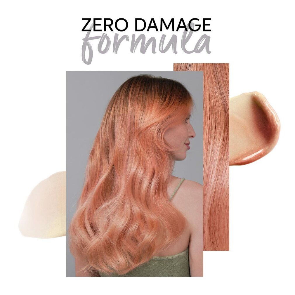 Frau mit peachfarbenem Haar. Zero Damage Formula. Farbverlauf von dunkel zu hell. Produktabbildung.