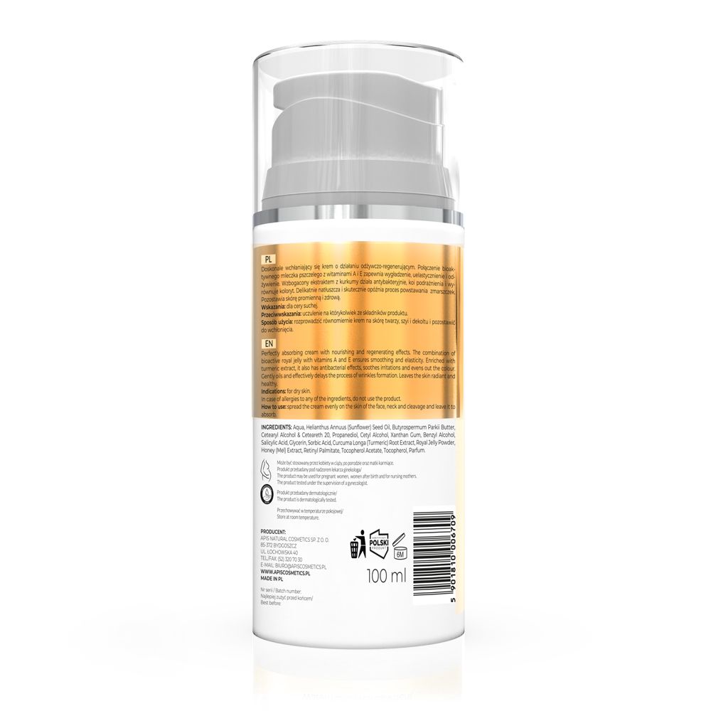 Rückseite des Creme-Spenders. Text: Inhaltsstoffe, Gebrauchsanweisung, Herstellerinformationen. 100 ml Volumenangabe.