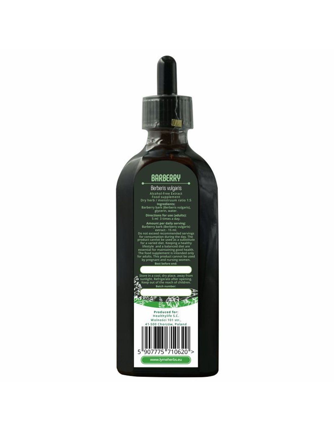 Rückseite einer braunen Glasflasche mit schwarzem Deckel. Etikett mit Produktinformationen und Barcode. Text in Englisch.
