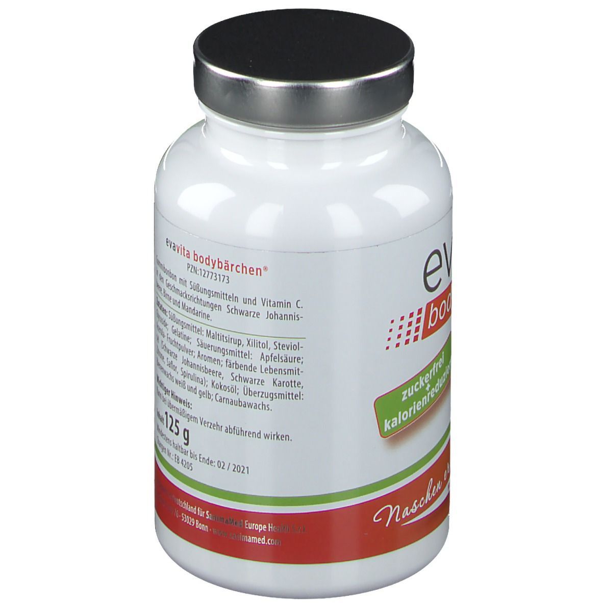 Weiße Flasche mit schwarzem Deckel. Aufschrift: evavita bodybärchen, zuckerfrei, kalorienreduziert. Bär mit Maßband.