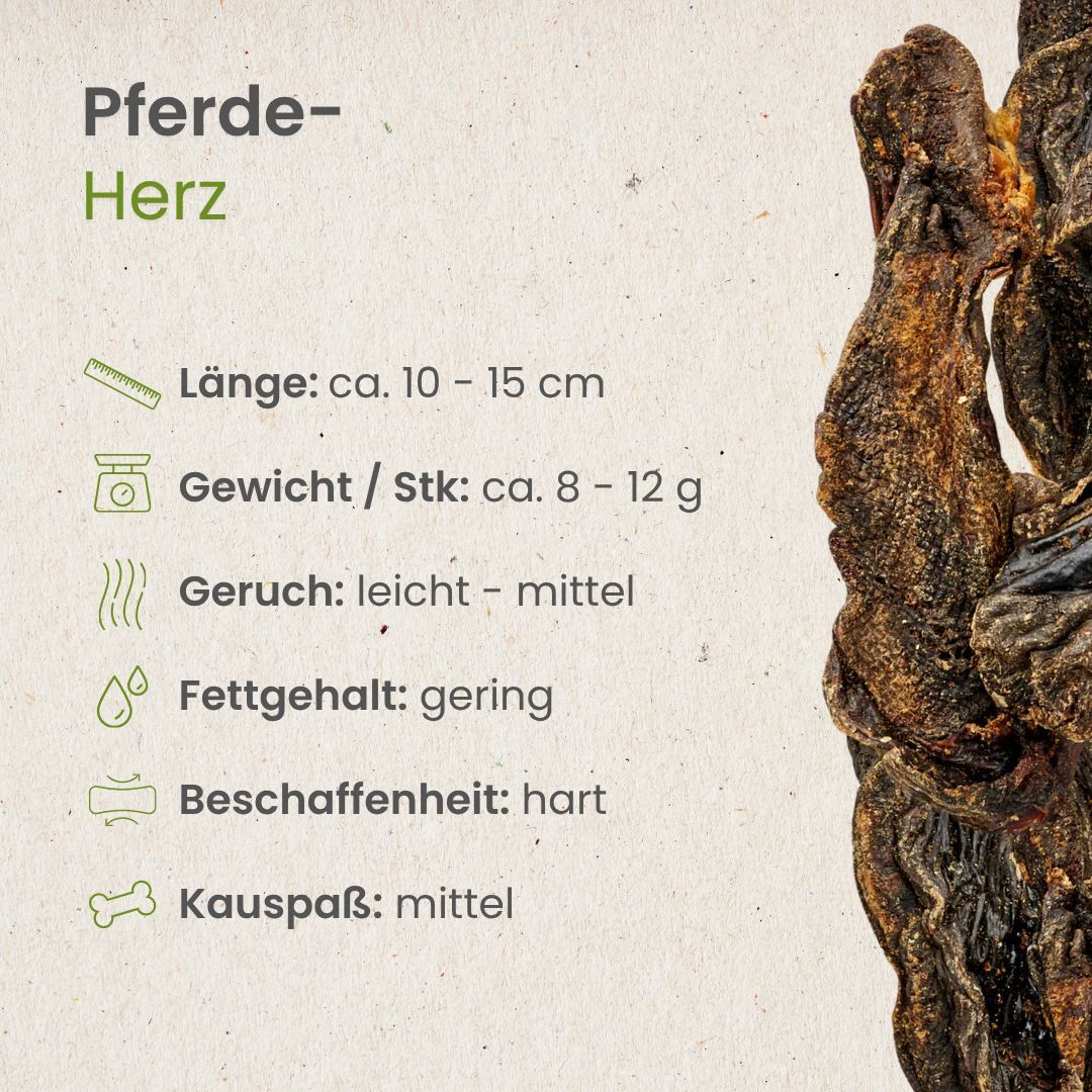 Getrocknete Pferdeherzen, ca. 10-15 cm lang, geringer Fettgehalt.