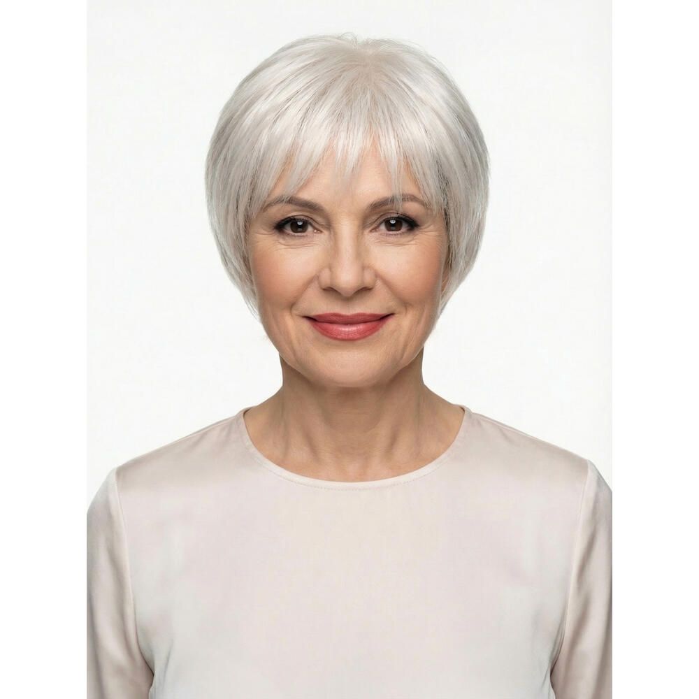 Kurzhaarperücke in Silber. Frontale Ansicht einer Frau mit Perücke. Gerader Pony, seitlich geschnittenes Haar.