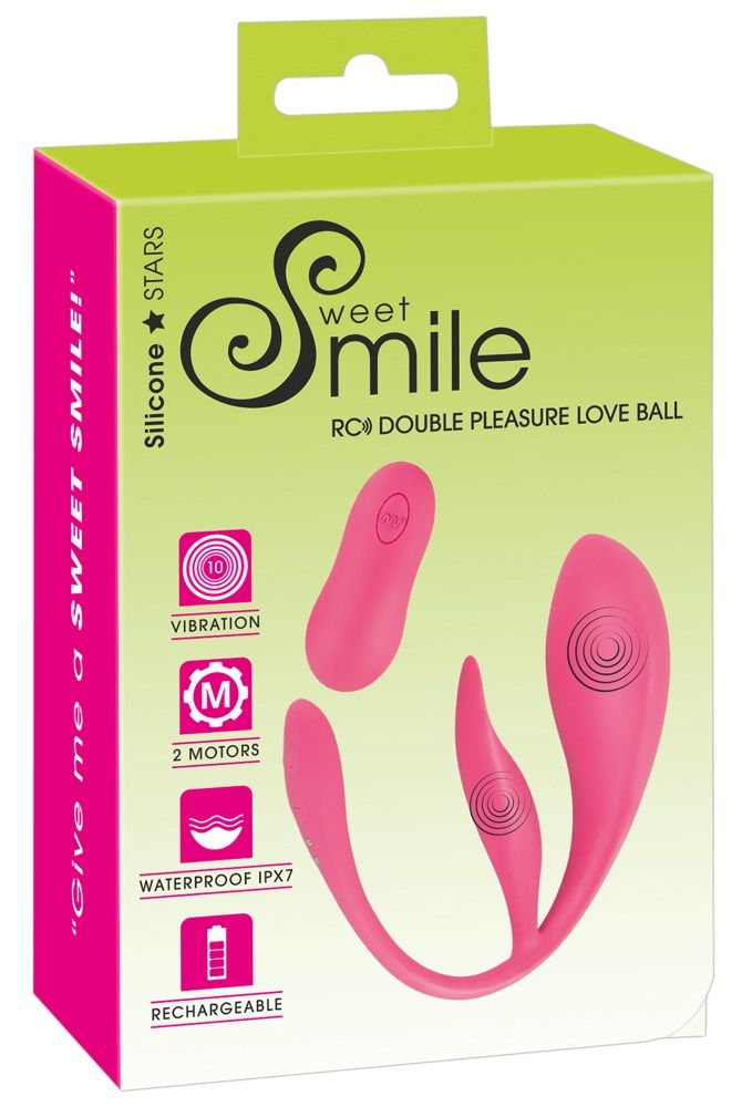 Verpackung mit Produkt. Aufschrift: Sweet Smile, RC Double Pleasure Love Ball. Produkt und Fernbedienung abgebildet.