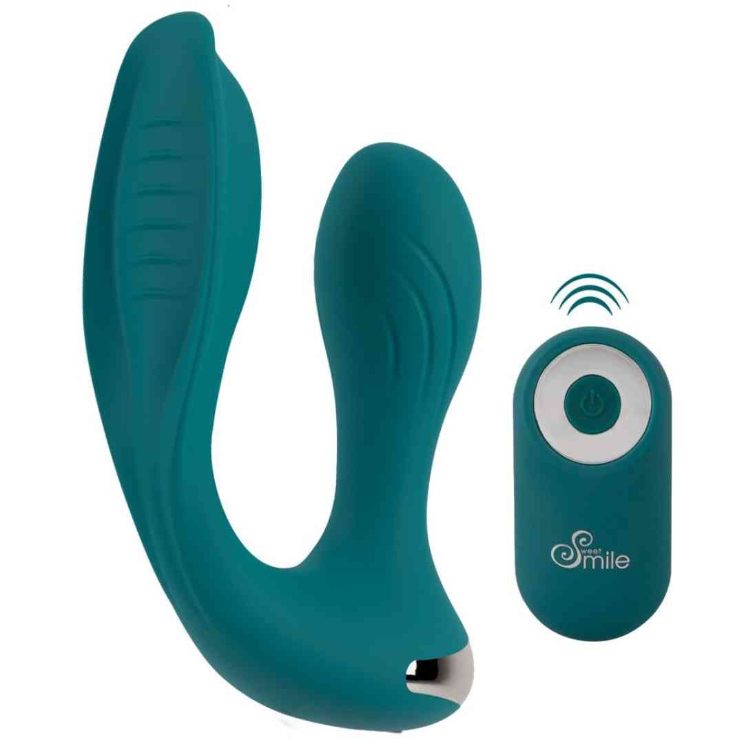 Türkisfarbener Vibrator mit Fernbedienung. Fernbedienung mit Logo "Sweet Smile".