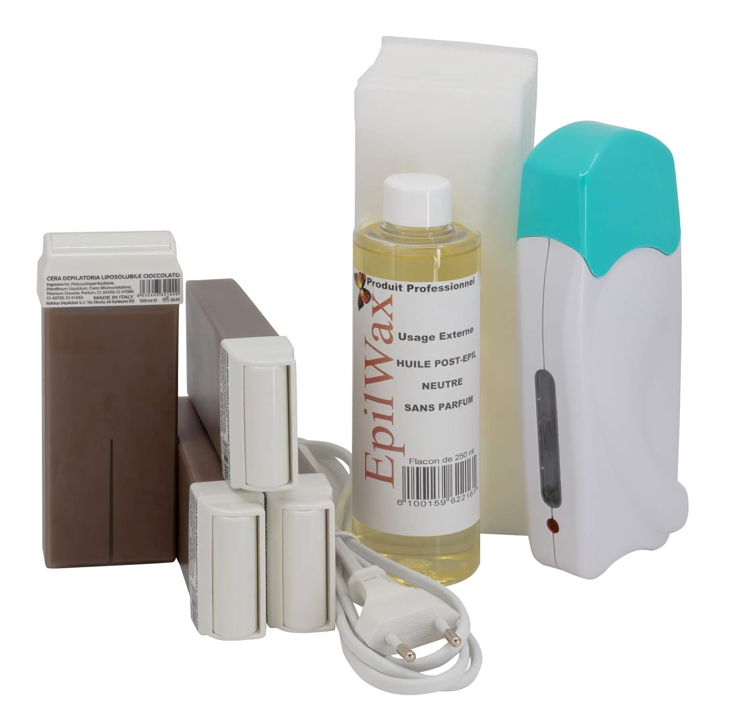 Wachswärmer-Set mit Wachs, Öl, Vliesstreifen und Wachswärmer. Wachswärmer weiß-türkis. Ölflasche mit Etikett.