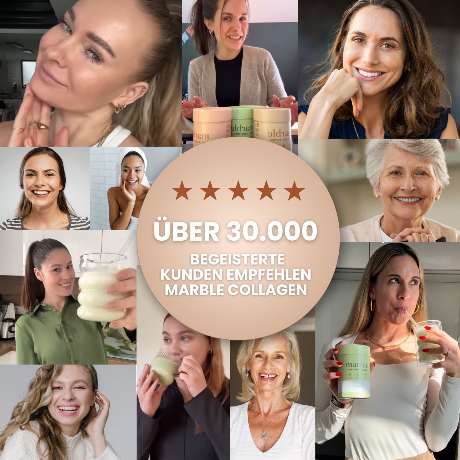 Mehrere Frauen mit Getränken. Text: Über 30.000 begeisterte Kunden empfehlen marble Collagen. Sterne.